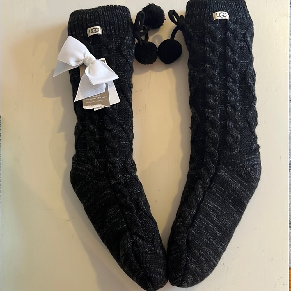 UGG Black Cable Knit Socks with Pom Poms